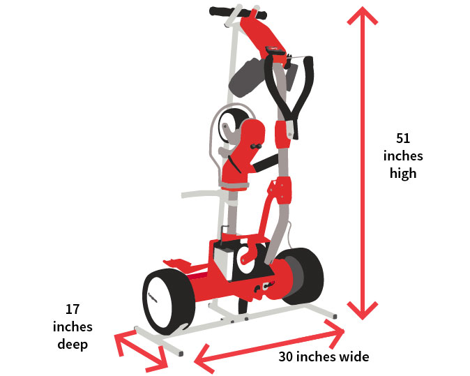 Labeled graphic showing size of Caddiestand holding a Kangaroo Z-series remote lithium golf caddy