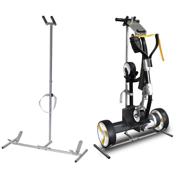 Kangaroo Vortex electric golf caddy disassembled and placed on Caddiestand for storage